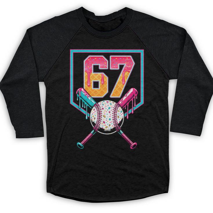Baseball Ice Cream Drip Number 67 Player 67th Birthday Men Baseball Raglan Shirt