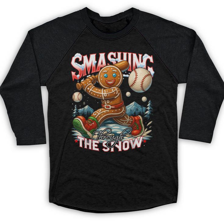 Baseball Player Christmas Gingerbread Smashing Through Snow Baseball Raglan Shirt