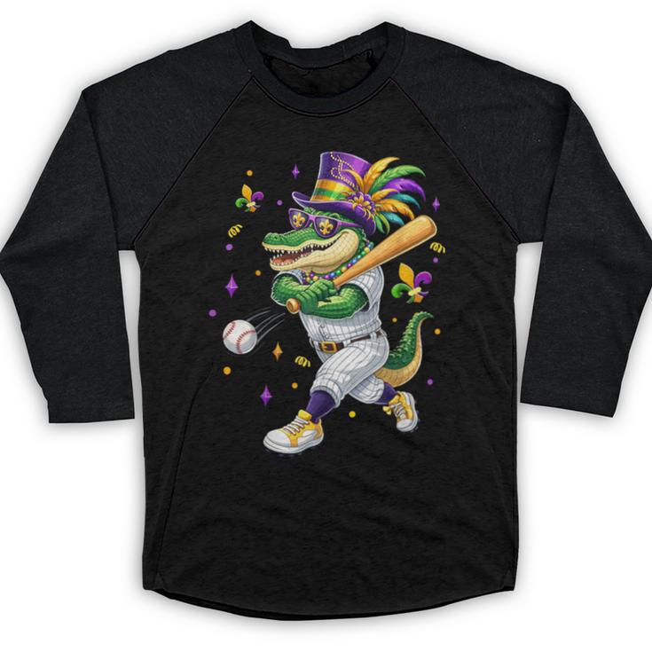 Baseball Player Mardi Gras Alligator Carnival Costume Beads Baseball Raglan Shirt