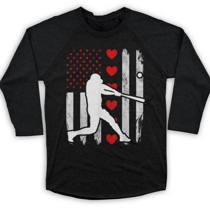 Baseball Silhouette Heart USA Flag Hearts American Boys Kids Baseball Raglan Shirt