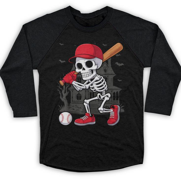 Baseball Skeleton Halloween Playing Baseball Raglan Shirt