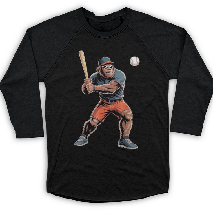 Bigfoot Playing Baseball Boys Kids Men Baseball Player Baseball Raglan Shirt