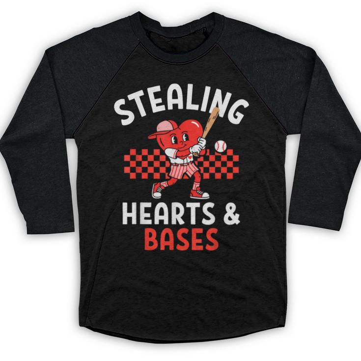 Boys Baseball Valentines Day Stealing Hearts Valentine Kids Baseball Raglan Shirt