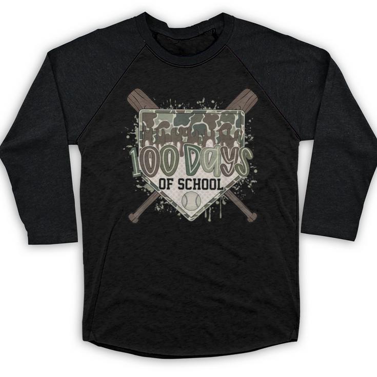 Camo 100 Days Of School Baseball Home Plate Drip Boy Kids Baseball Raglan Shirt
