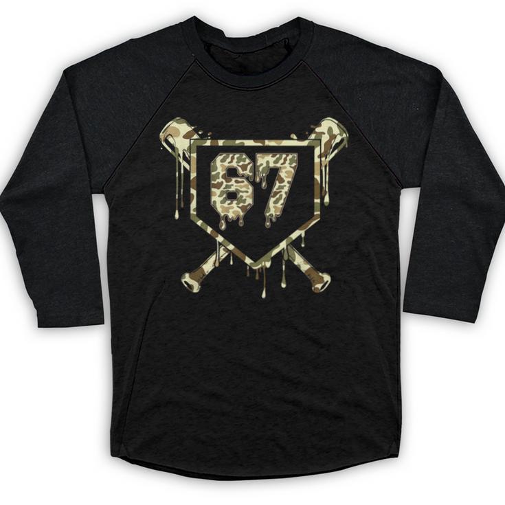 Camo Baseball Ice Cream Drip Number 67 Player 67th Birthday Baseball Raglan Shirt