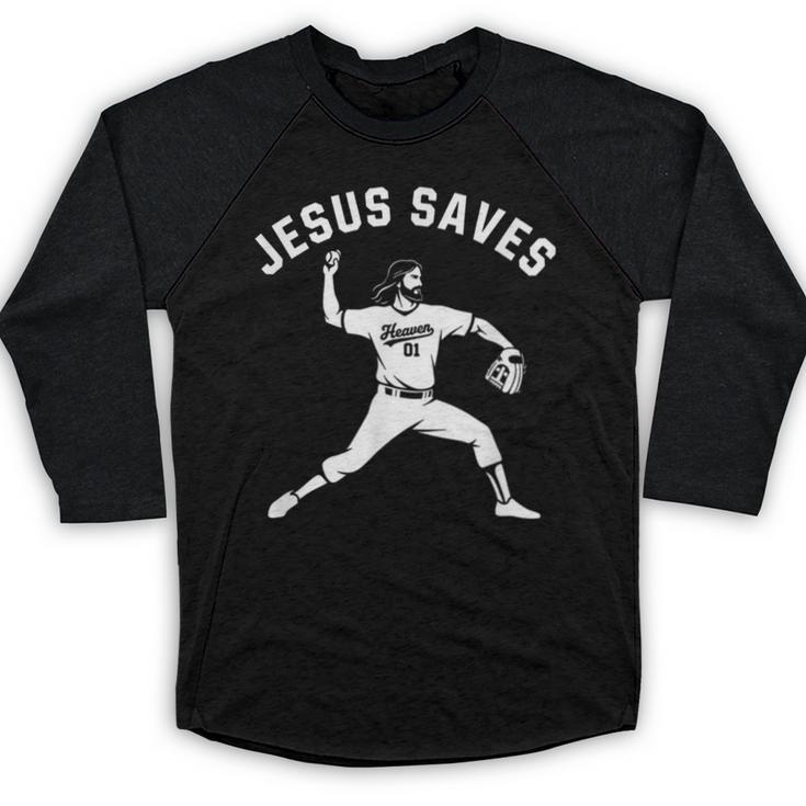 Christian Jesus Saves Baseball Pitcher Heaven 01 Sports Baseball Raglan Shirt