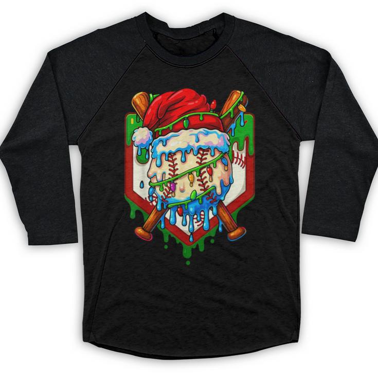 Christmas Baseball Ice Cream Drip Santa Baseball Player Kids Baseball Raglan Shirt