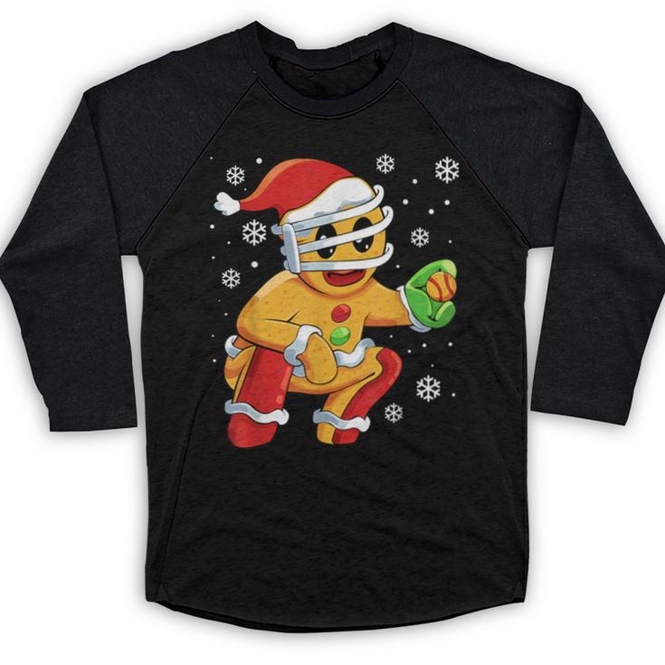 Christmas Gingerbread Man Baseball Player Catcher Baseball Raglan Shirt
