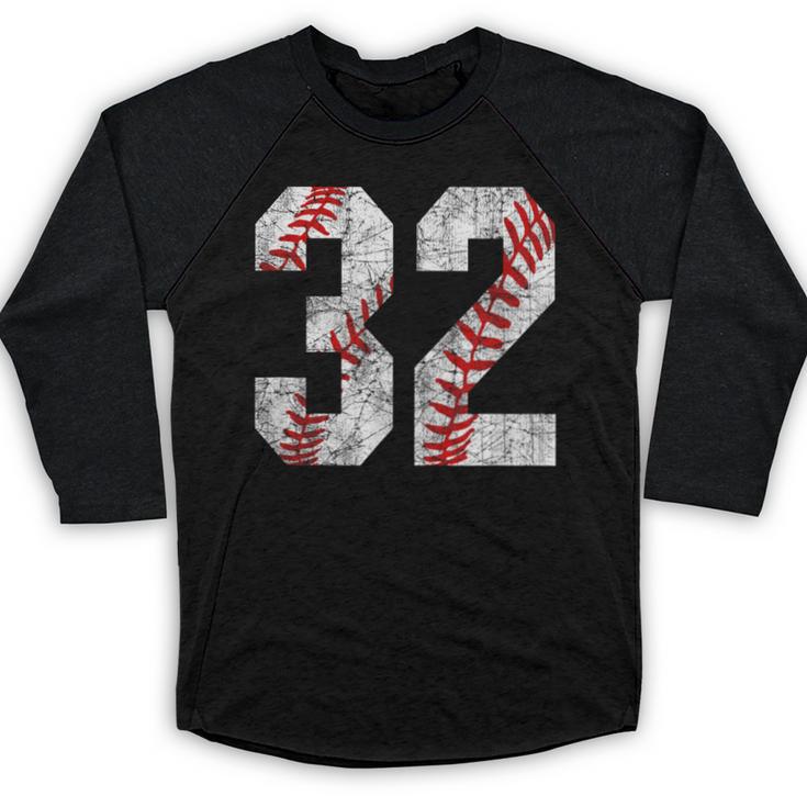 Distressed Baseball Number 32 Jersey Uniform Player Fan Baseball Raglan Shirt