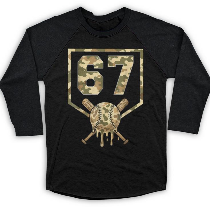 Dripping Camo 67 Baseball Ice Cream Drip 6-7 Six Seven Boy Baseball Raglan Shirt