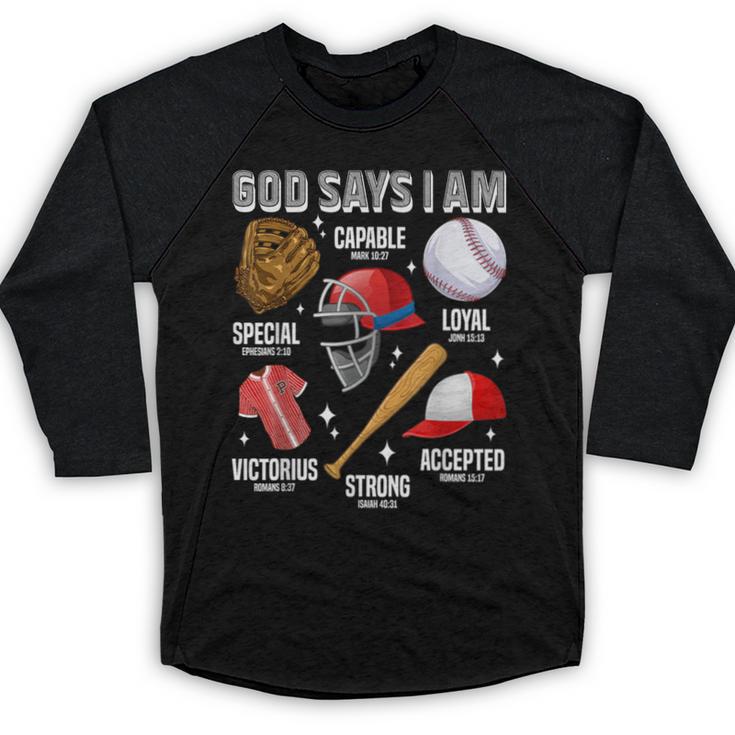 God Says I Am Baseball Player Catcher Pitcher Boys Men Baseball Raglan Shirt