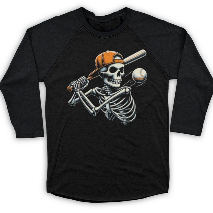 Halloween Boys Batting Skeleton Baseball Baseball Raglan Shirt