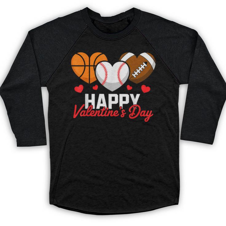 Happy Valentine’s Day Basketball Football Baseball Hearts Baseball Raglan Shirt