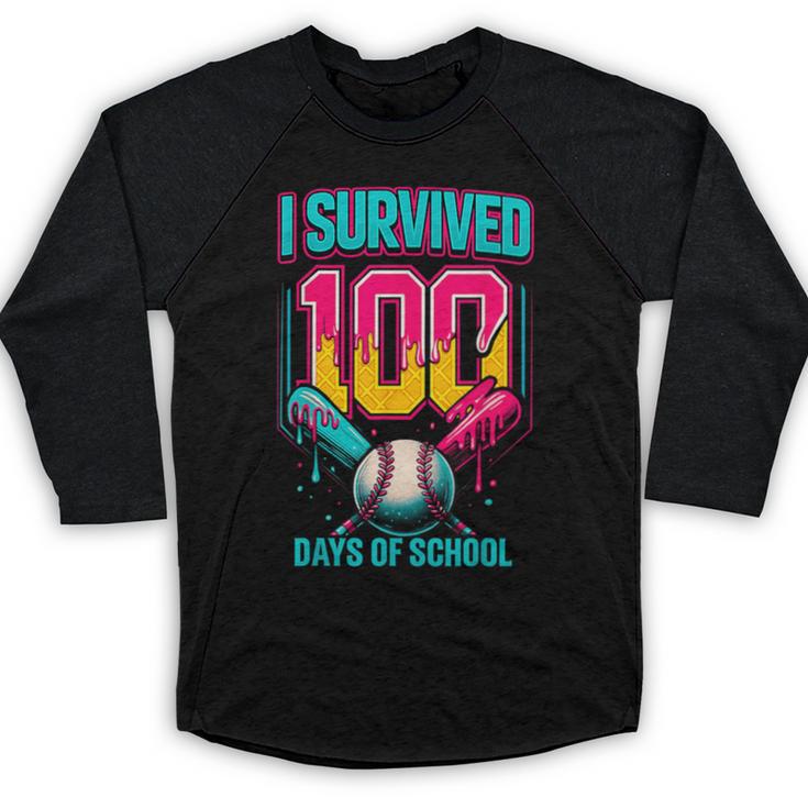 HUGvyn I Survived 100 Days Baseball Teacher Ice Cream Drip Baseball Raglan Shirt