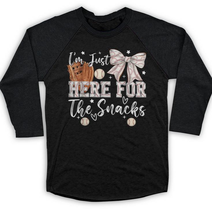 I'm Just Here For The Snacks Baseball Coquette Game Day Girl Baseball Raglan Shirt