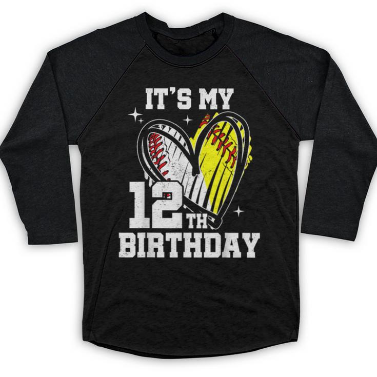 It's My 12th Birthday Baseball Softball Heart 12 Year Old Baseball Raglan Shirt