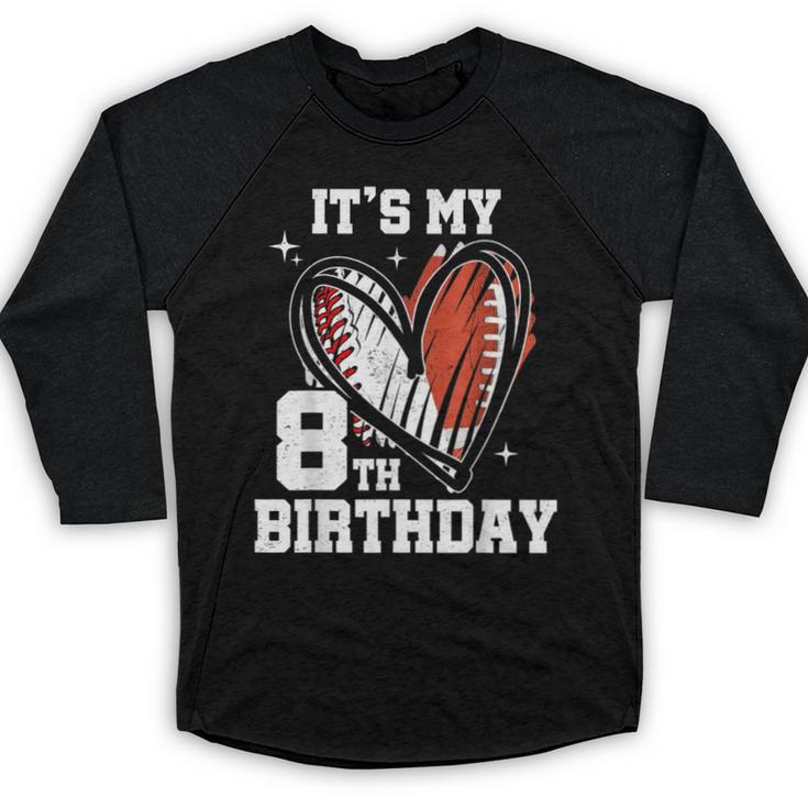 It's My 8th Birthday Baseball Football Heart 8 Year Old Baseball Raglan Shirt