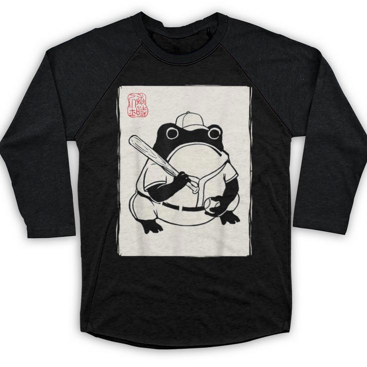 Japanese Grumpy Frog Baseball Player Baseball Baseball Raglan Shirt