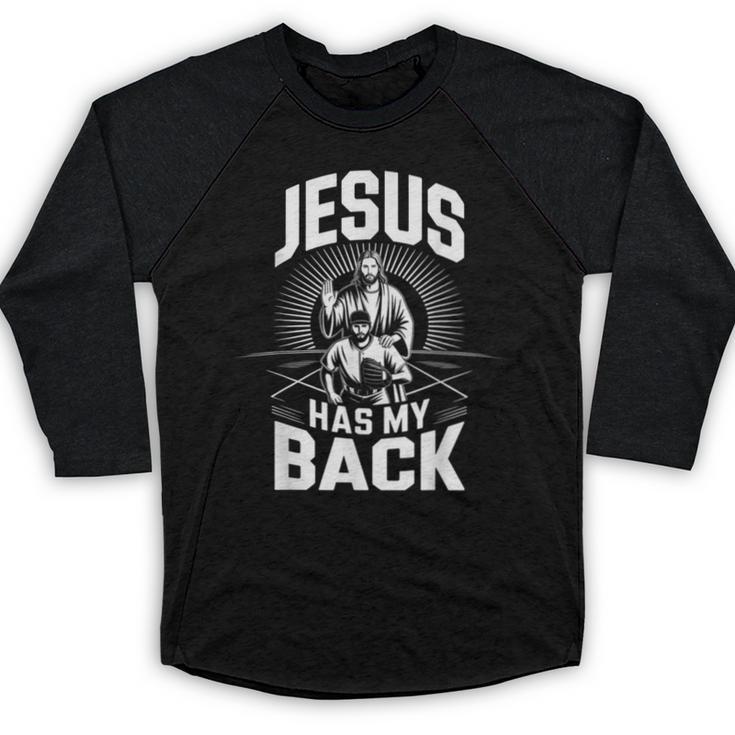 Jesus Has My Back Baseball Faith Motivation Tee Christian Baseball Raglan Shirt