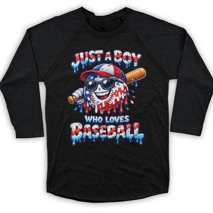 Just A Boy Who Loves Baseball Patriotic Drip For Youth Boys Baseball Raglan Shirt