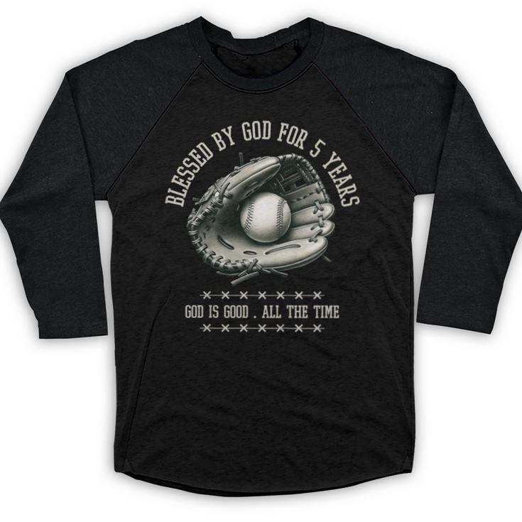 Kids Blessed By God For 5 Years Old Baseball 5th Birthday Baseball Raglan Shirt