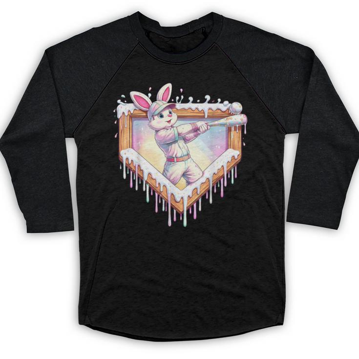 Kids Happy Easter Bunny Playing Baseball Boy Ice Cream Drip Baseball Raglan Shirt
