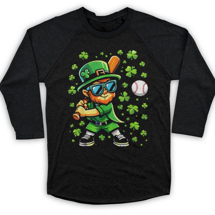 Leprechaun Playing Baseball Happy St Patricks Day Men Boys Baseball Raglan Shirt