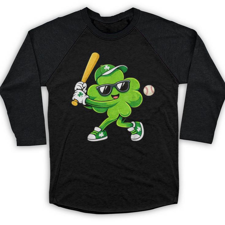 Lucky Shamrock Playing Baseball St Patrick's Kids Boys Baseball Raglan Shirt