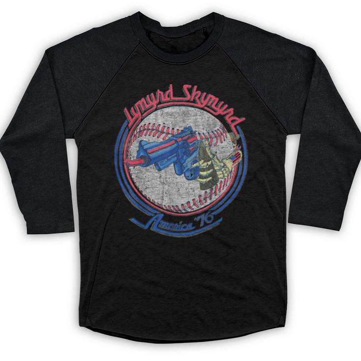 Lynyrd Skynyrd Skeleton Baseball Gun US Flag Cowboy Rock Fan Baseball Raglan Shirt
