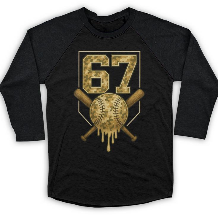 Number 67 Baseball Drip Camo Six Seven Meme Boys Kids Baseball Raglan Shirt