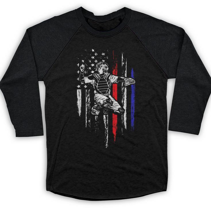 Patriotic Baseball Catcher American Flag Sports Tee Baseball Raglan Shirt