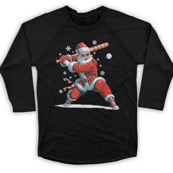 Santa Playing Baseball Christmas Candy Cane Fun Xmas Holiday Baseball Raglan Shirt