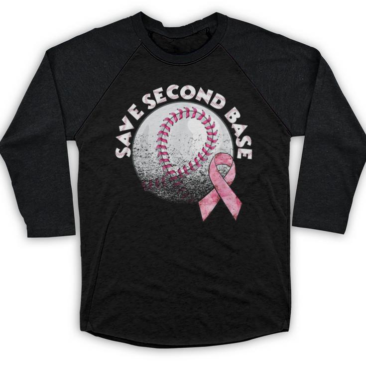 Save 2nd Base Breast Cancer Awareness Pink Ribbon Baseball Baseball Raglan Shirt