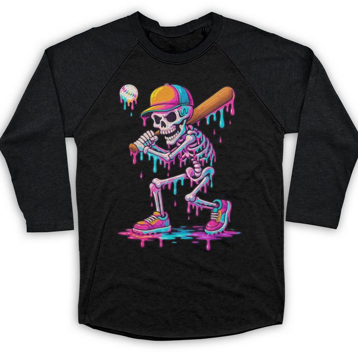Skelton Playing Baseball Halloween Baseball Drip Boys Kids Baseball Raglan Shirt
