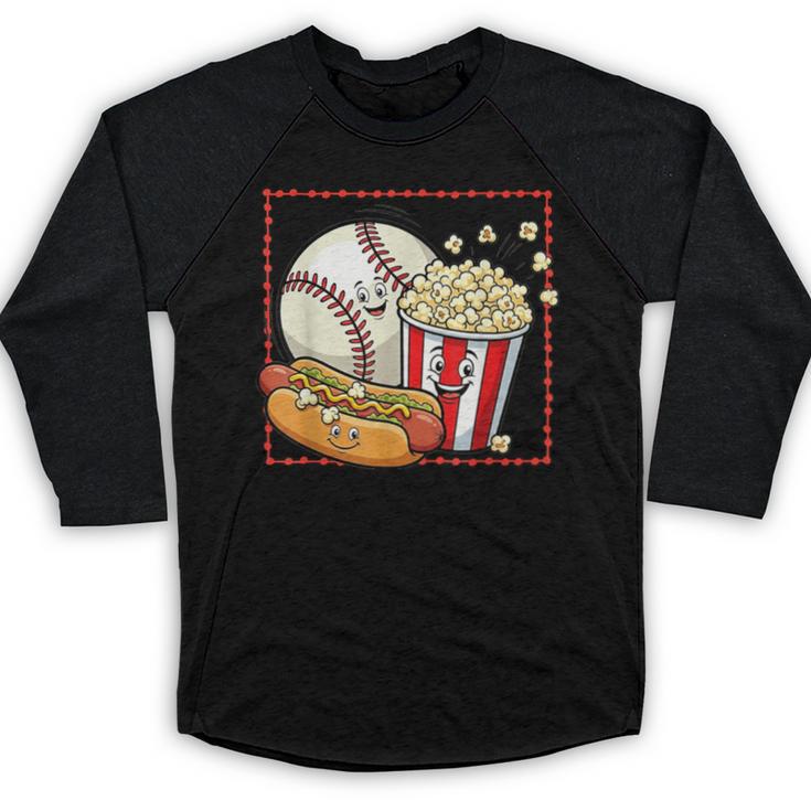 Smiling Baseball Popcorn And Hot-Dog Cartoon Apparel Baseball Raglan Shirt