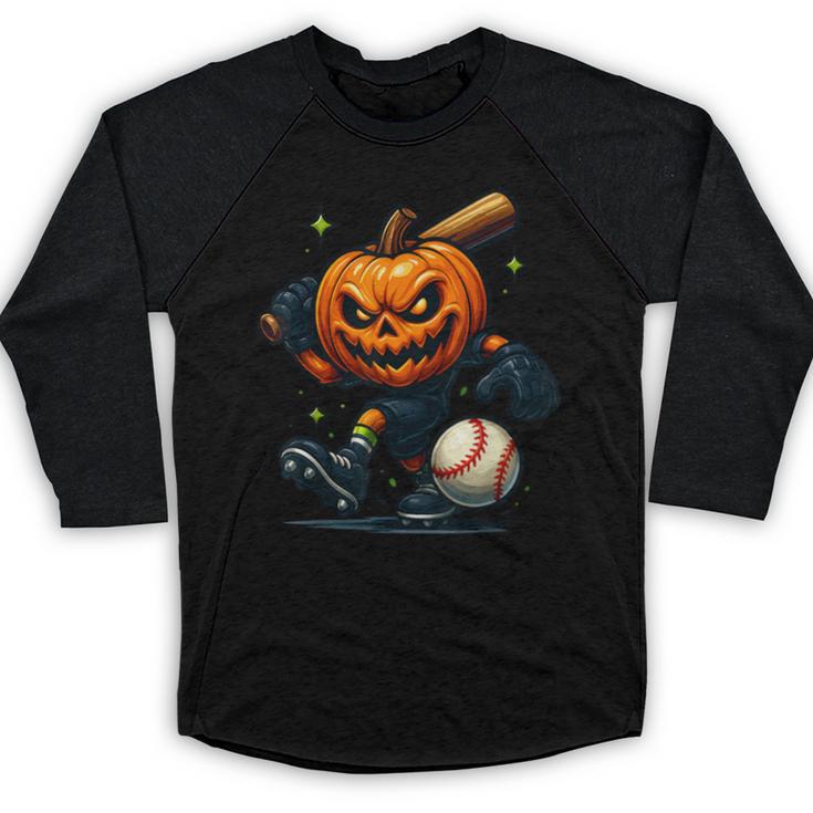Spooky Halloween Scary Pumpkin Baseball Player Witchy Vibes Baseball Raglan Shirt