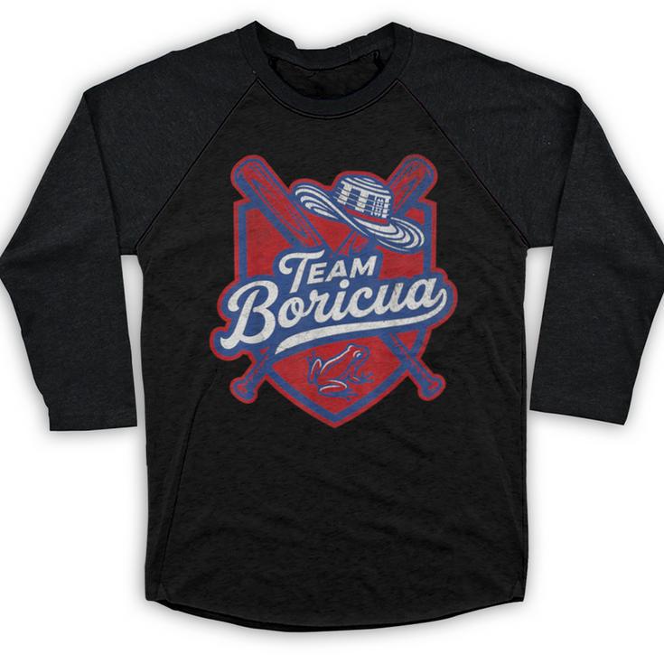 Team Boricua Puerto Rico Baseball Coqui Frog Pava Hat Fan Baseball Raglan Shirt