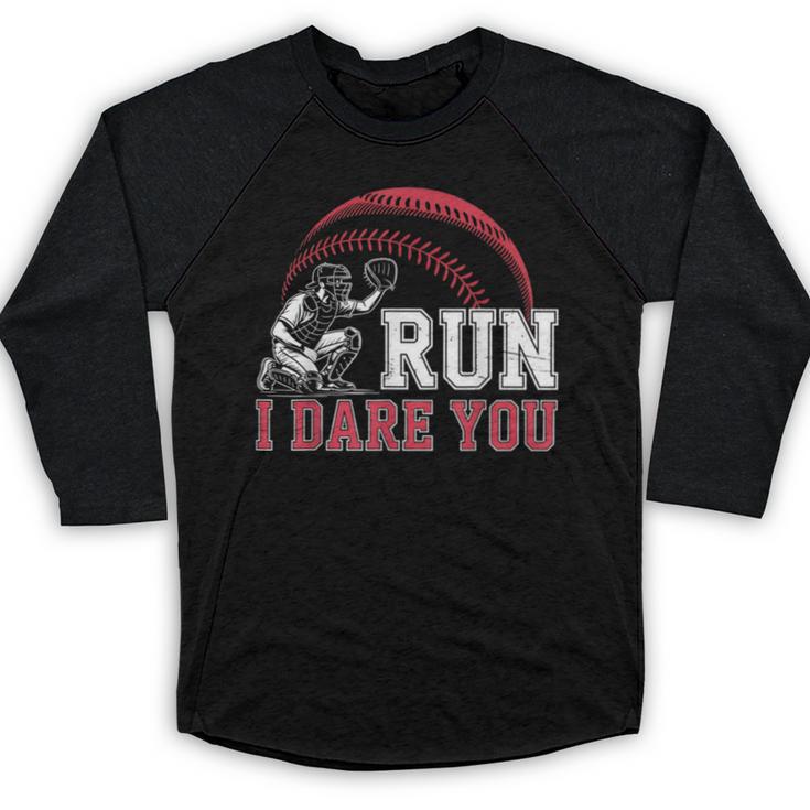 Vintage Humor Baseball Apparel Run I Dare You Baseball Raglan Shirt