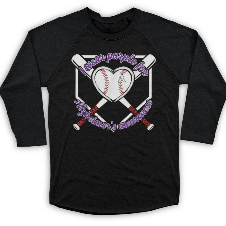 I Wear Purple For Alzheimers Awareness Baseball Heart Ribbon Baseball Raglan Shirt