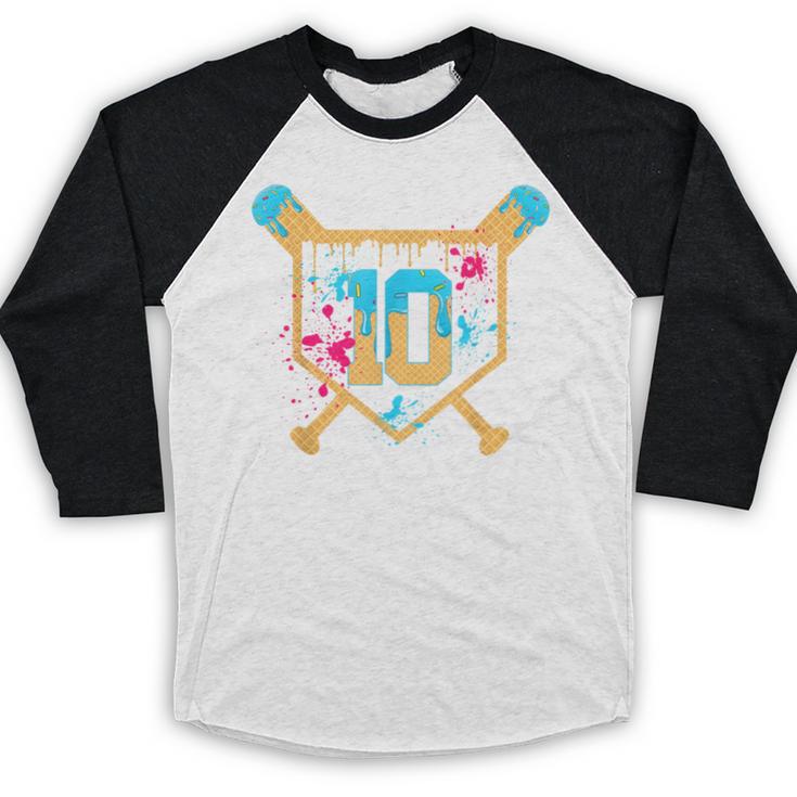 10 Years Old 10th Birthday Baseball Ice Cream Dripping Boys Baseball Raglan Shirt