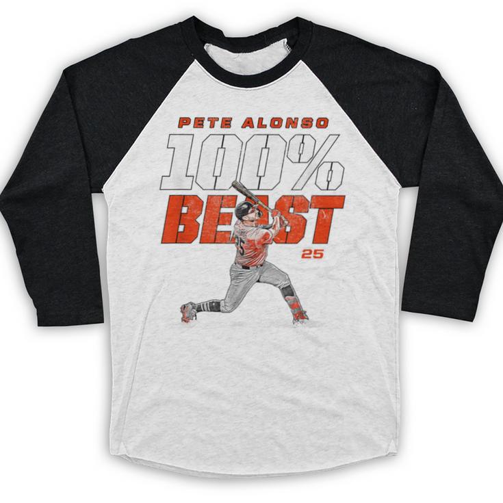 100 Beast Pete Alonso Baltimore Baseball MLBPA Baseball Raglan Shirt 100 Beast Pete Alonso Baltimore Baseball MLBPA Baseball Raglan Shirt