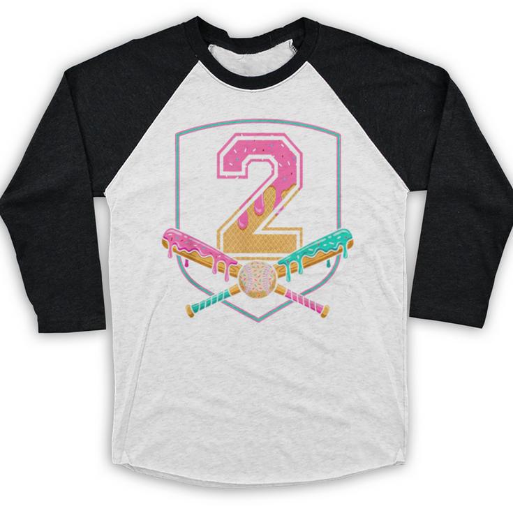 2nd Birthday Baseball Bat Ice-Cream Drip 2yrs Old Boys Kids Baseball Raglan Shirt