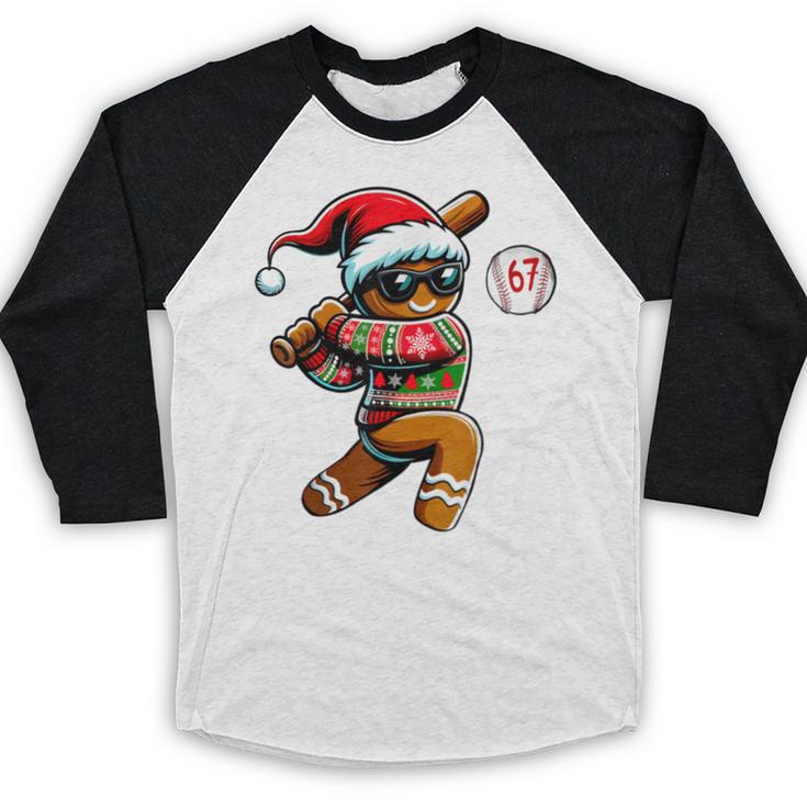 67 Gingerbread Man Playing Baseball Christmas 6 7 Meme Baseball Raglan Shirt