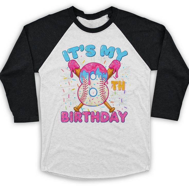 8th Birthday Baseball 8 Year Old Ice Cream Drip Boy Baseball Baseball Raglan Shirt