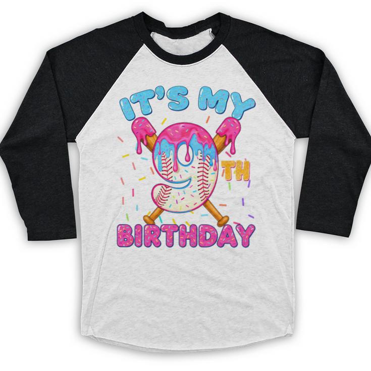 9th Birthday Baseball 9 Year Old Ice Cream Drip Boy Baseball Premium Tri-Blend Baseball Raglan Shirt