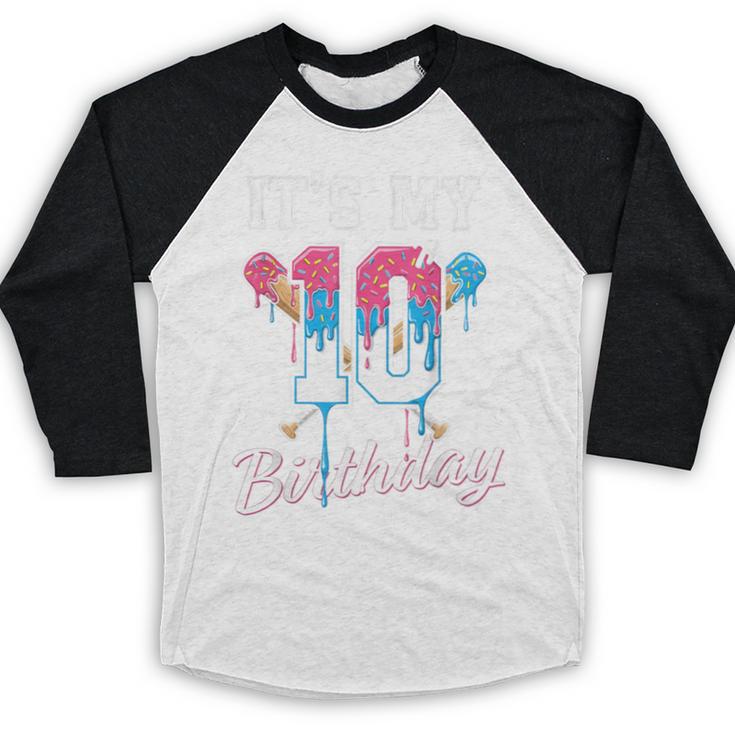Baseball 10 Year Old Ice Cream Drip 10th Birthday Boys Baseball Raglan Shirt