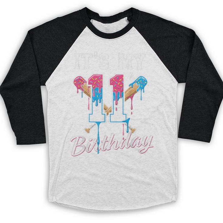 Baseball 11 Year Old Ice Cream Drip 11th Birthday Boys Baseball Raglan Shirt