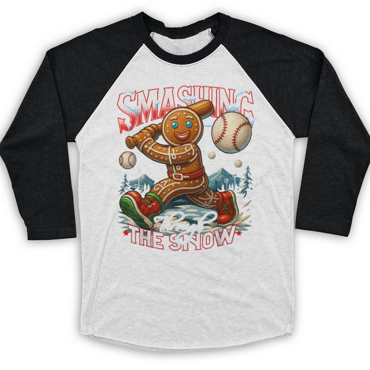 Baseball Player Christmas Gingerbread Smashing Through Snow Baseball Raglan Shirt