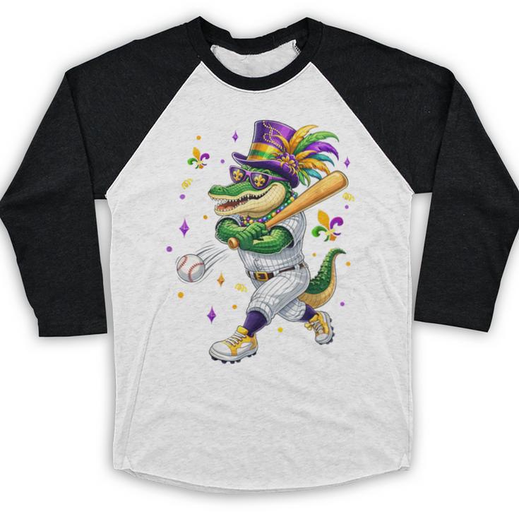 Baseball Player Mardi Gras Alligator Carnival Costume Beads Baseball Raglan Shirt