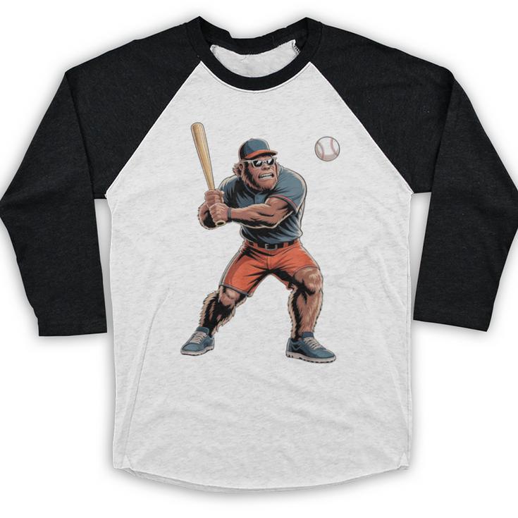 Bigfoot Playing Baseball Boys Kids Men Baseball Player Baseball Raglan Shirt